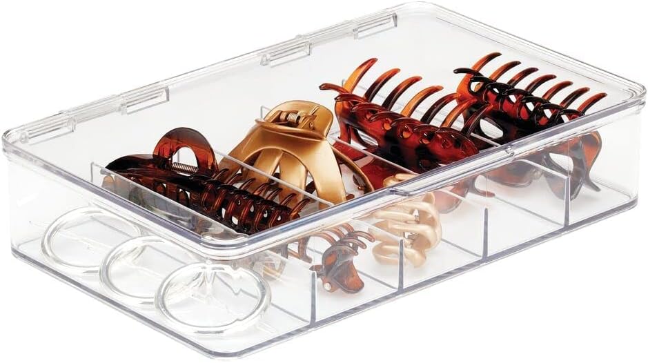 mDesign Caja organizadora apilable de plástico dividida para cabello, maquillaje y joyas con tapa de bisagra para encimera de tocador de baño, 5