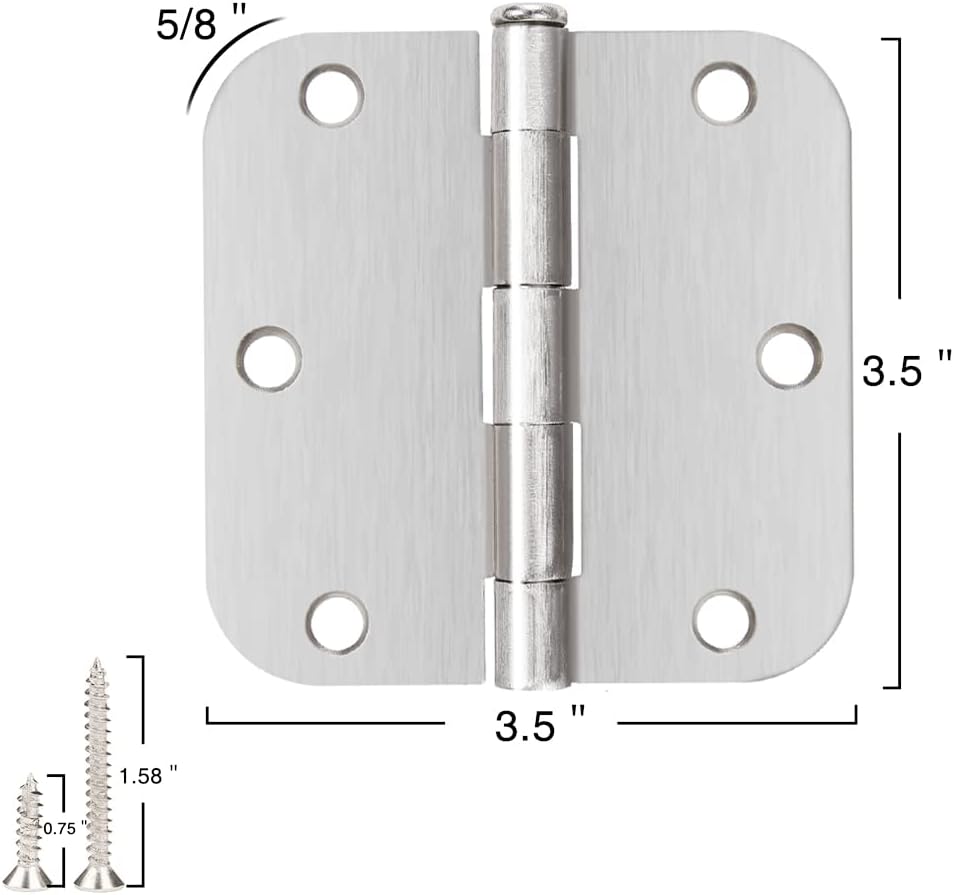 Bisagras para puerta interior, níquel cepillado, paquete de 3 bisagras redondeadas para puerta de dormitorio, níquel satinado, 3.5 x 3.5 pulgadas,