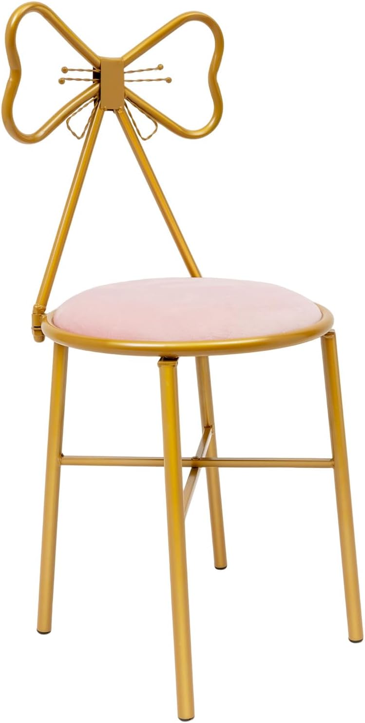 Silla de maquillaje de mariposa rosa, cojín de terciopelo con marco de metal dorado profundo, silla de descanso con respaldo de lazo y cojín de