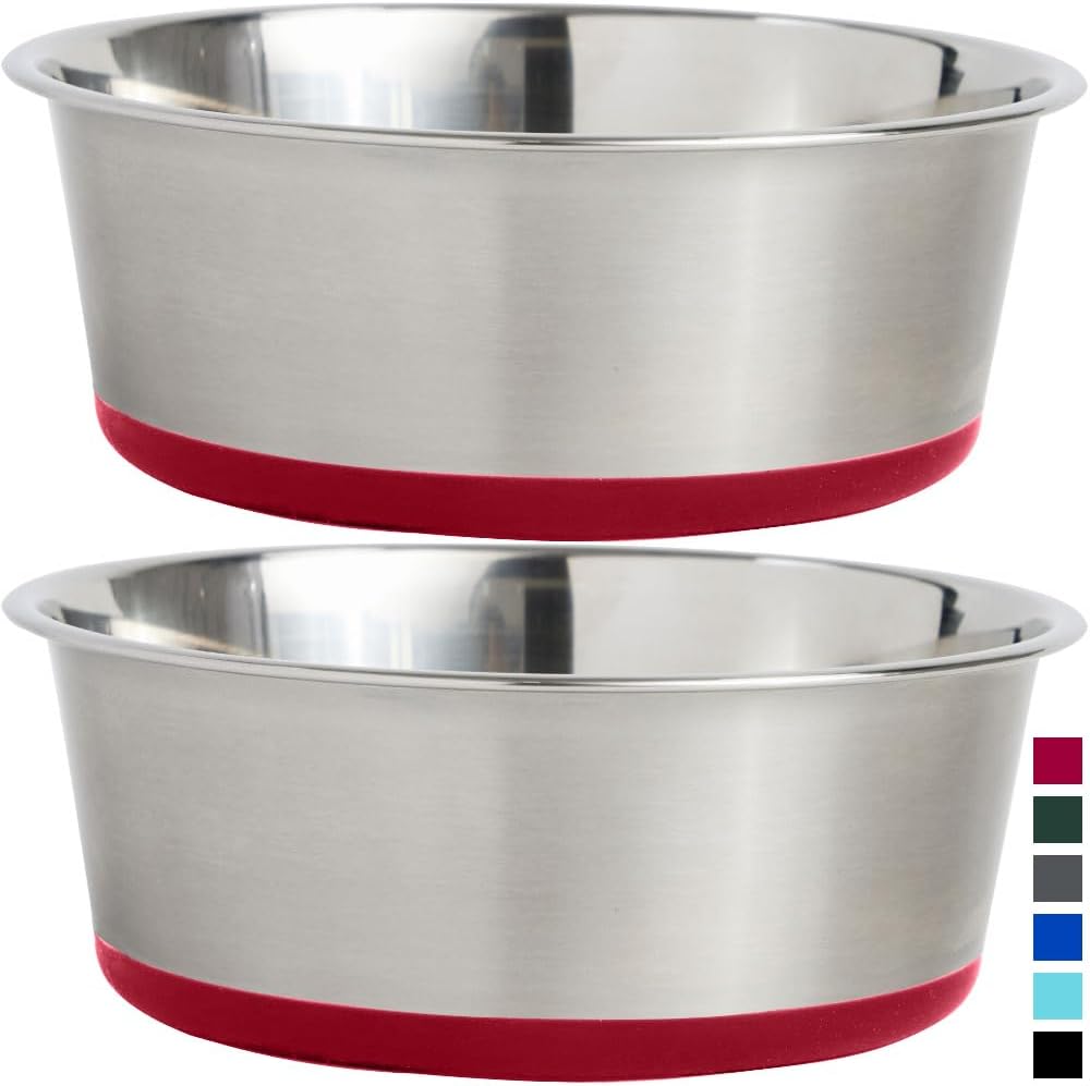 Gorilla Grip Stainless Steel Metal Dog Bowl Set of 2, Rubber Base, Heavy Duty, Rust Resistant, Food Grade BPA Free, Less Sliding, Quiet Pet Bowls