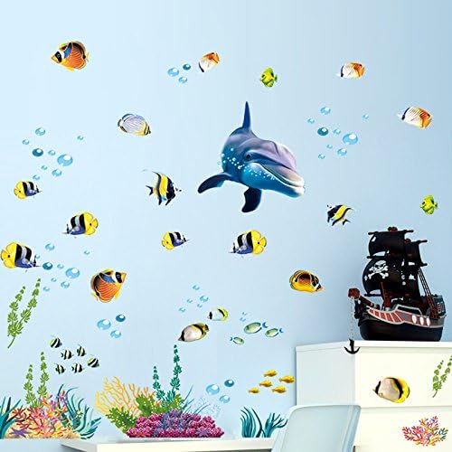 Calcomanías de pared con temática de océano, diseño de peces lindos peces azules, pasto marino, coral, multicolor, para cuarto de bebé, habitación