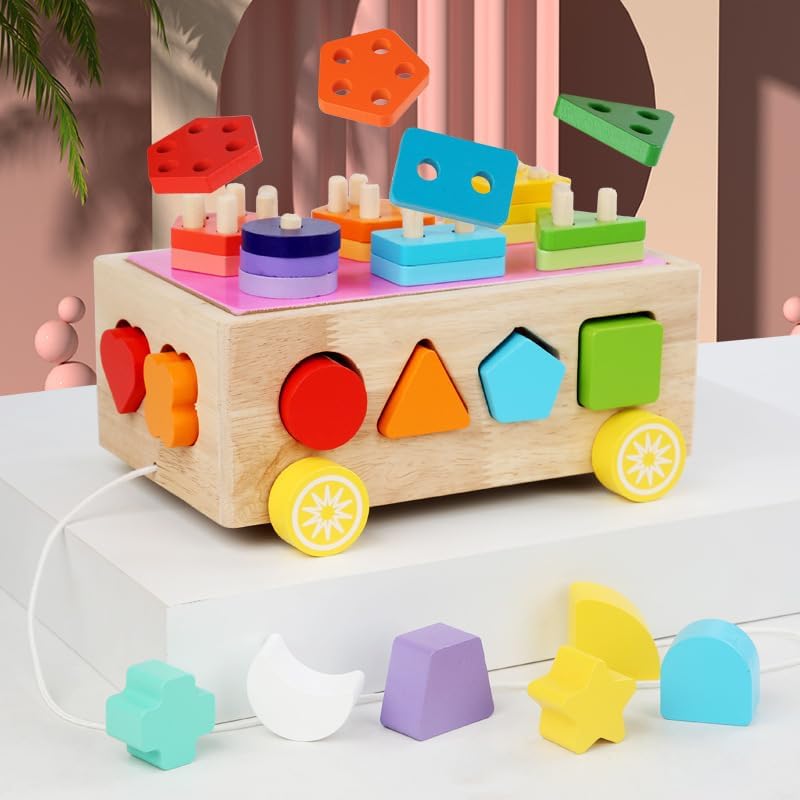 CHESLICR Juguetes de coche Montessori de bloques de madera, juguete apilable de clasificación de formas de color para bebés de 1, 2, 3, 4 años,