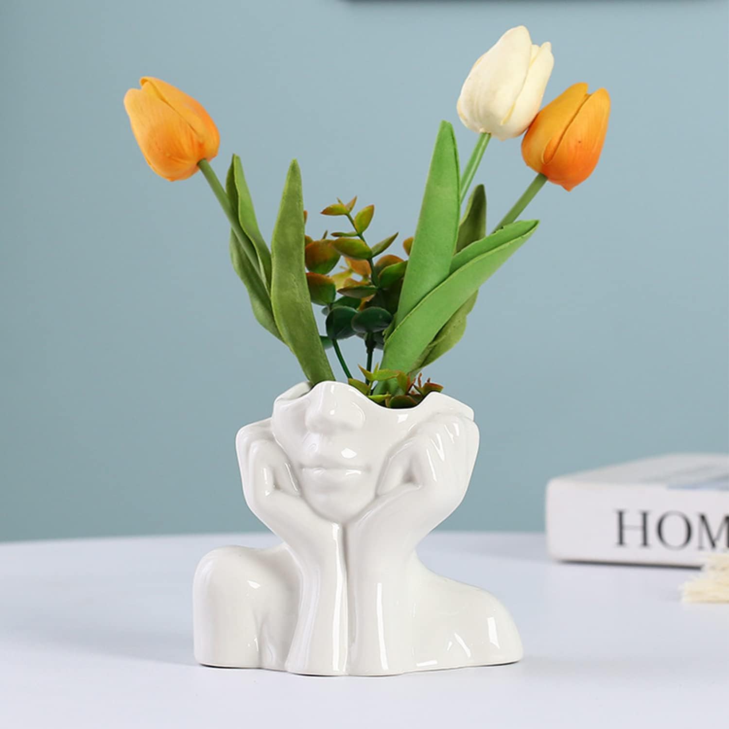 Jarrón de cerámica para decoración del hogar, jarrones blancos modernos para sala de estar, 5.9 pulgadas de alto x 7 pulgadas de ancho, jarrón de