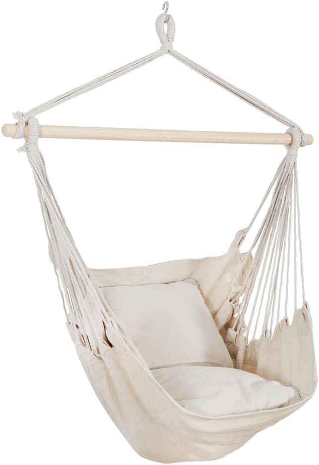 Silla hamaca beige columpio colgante de cuerda silla de red porche patio con 2 cojines