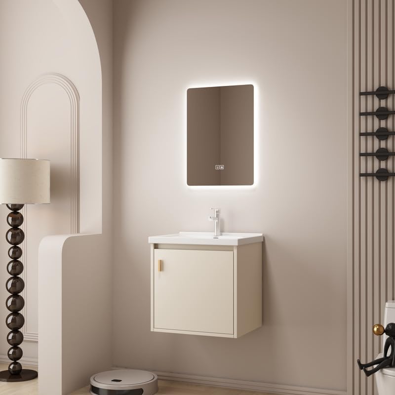 Tocador de baño pequeño de 20 pulgadas montado en la pared, pequeño tocador de baño con fregadero de cerámica, tocador de baño moderno con cajones