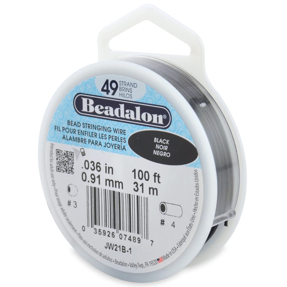 Beadalon Alambre de cuerda de cuentas de acero inoxidable de 49 hebras, 0.036 pulgadas  0.036 in, negro, 100 pies  101.7 ft