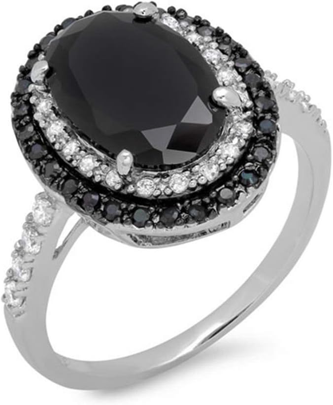 925 Sterling Silver Shiny Full Diamond Ring Oval Cut Black Onyx Marcasite White Cubic Zirconia Rings CZ Cocktail Rings Eternity Engagement Wedding