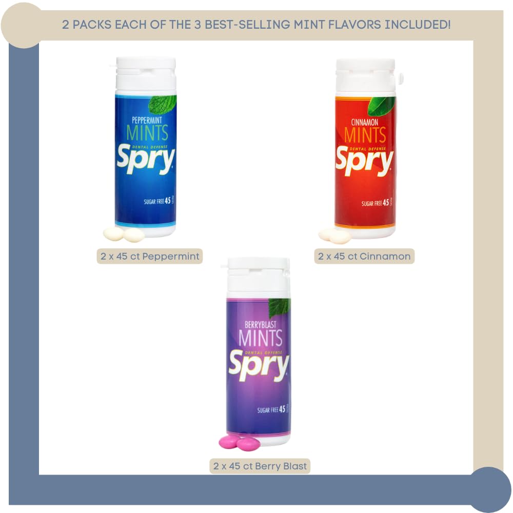 Spry – Paquete variado de 6 mentas 100% xilitol, sin azúcar, sin gluten, naturales, sin OMG para la salud bucal, cuidado de las encías, defensa