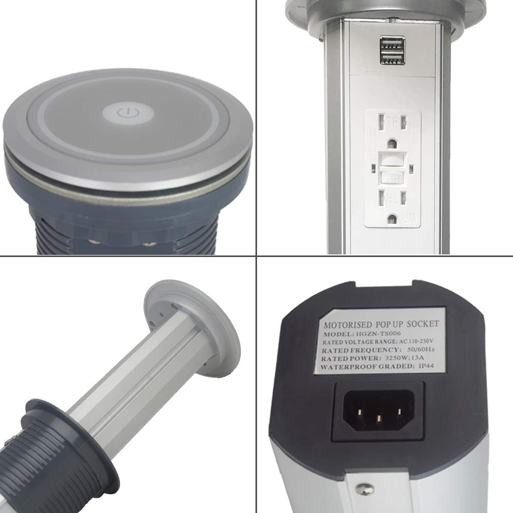Inteligente Eléctrico Pop Up Socket Surge Certificación UL GFCI Protector 15 Amp Receptáculos, Regleta de alimentación retráctil, encimera redonda,