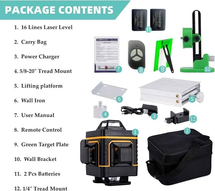 16 líneas 4D nivel láser autonivelante 4x360 línea cruzada horizontal y vertical, línea recargable láser verde, base de elevación magnética para - Imagen 3