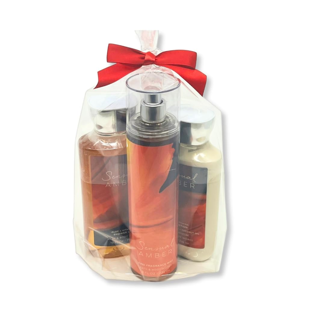 Bath & Body Works Sensual Amber – Paquete de 3 piezas – Paquete de regalo para vacaciones – Gel de ducha de 10 onzas – Bruma de fragancia fina de 8