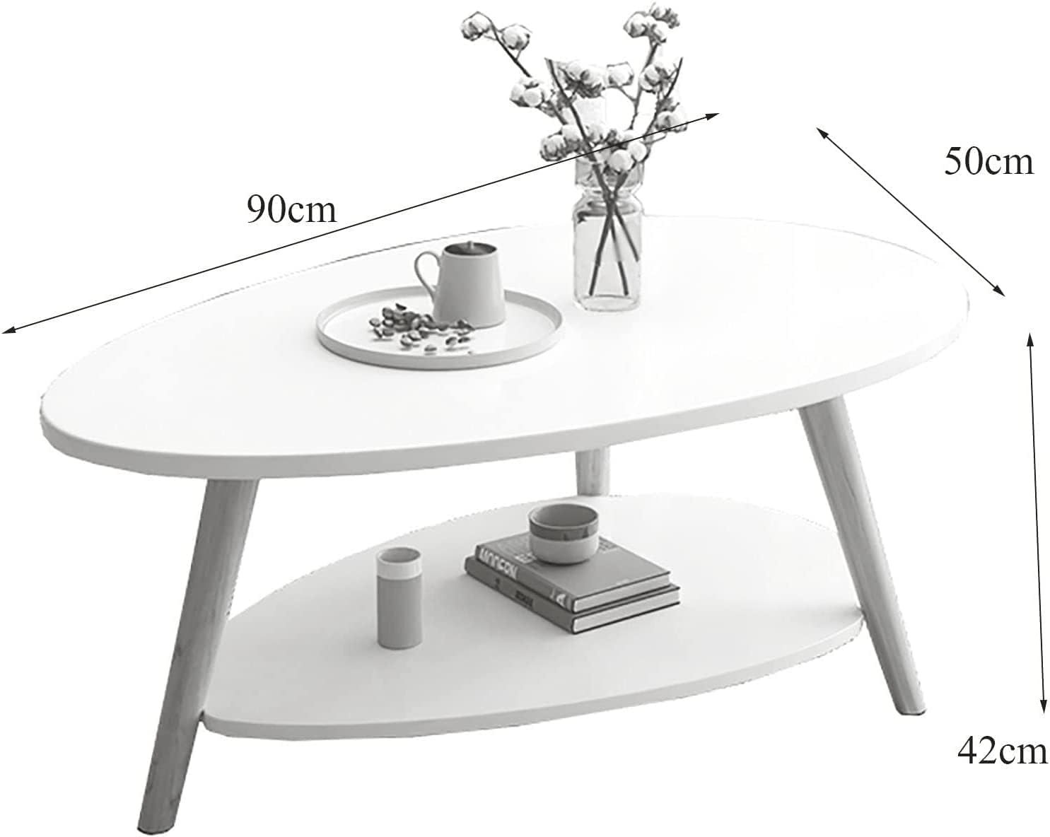 Mesa de Centro Mesa de centro ovalada de MDF con patas de madera de 35.4 x 19.7 x 16.5 in, mesa auxiliar de sofá de doble capa, para apartamento
