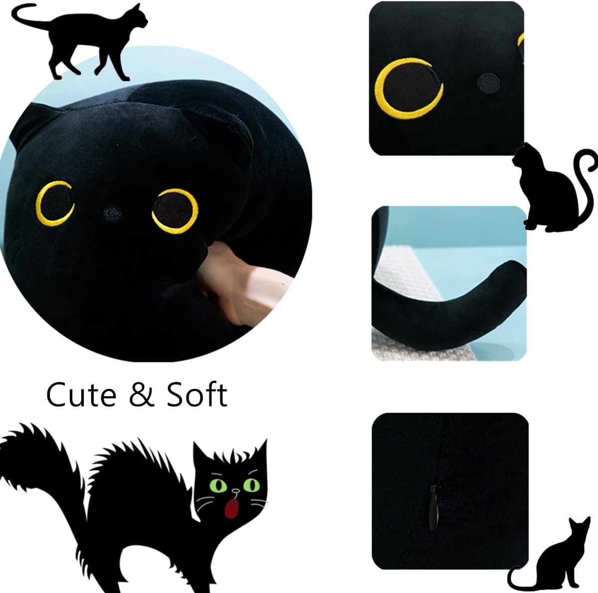 Lonng – Almohada corporal de felpa de gato negro, 43.32 pulgadas, almohada gigante de peluche de gatito negro Kawaii, almohada de felpa suave para