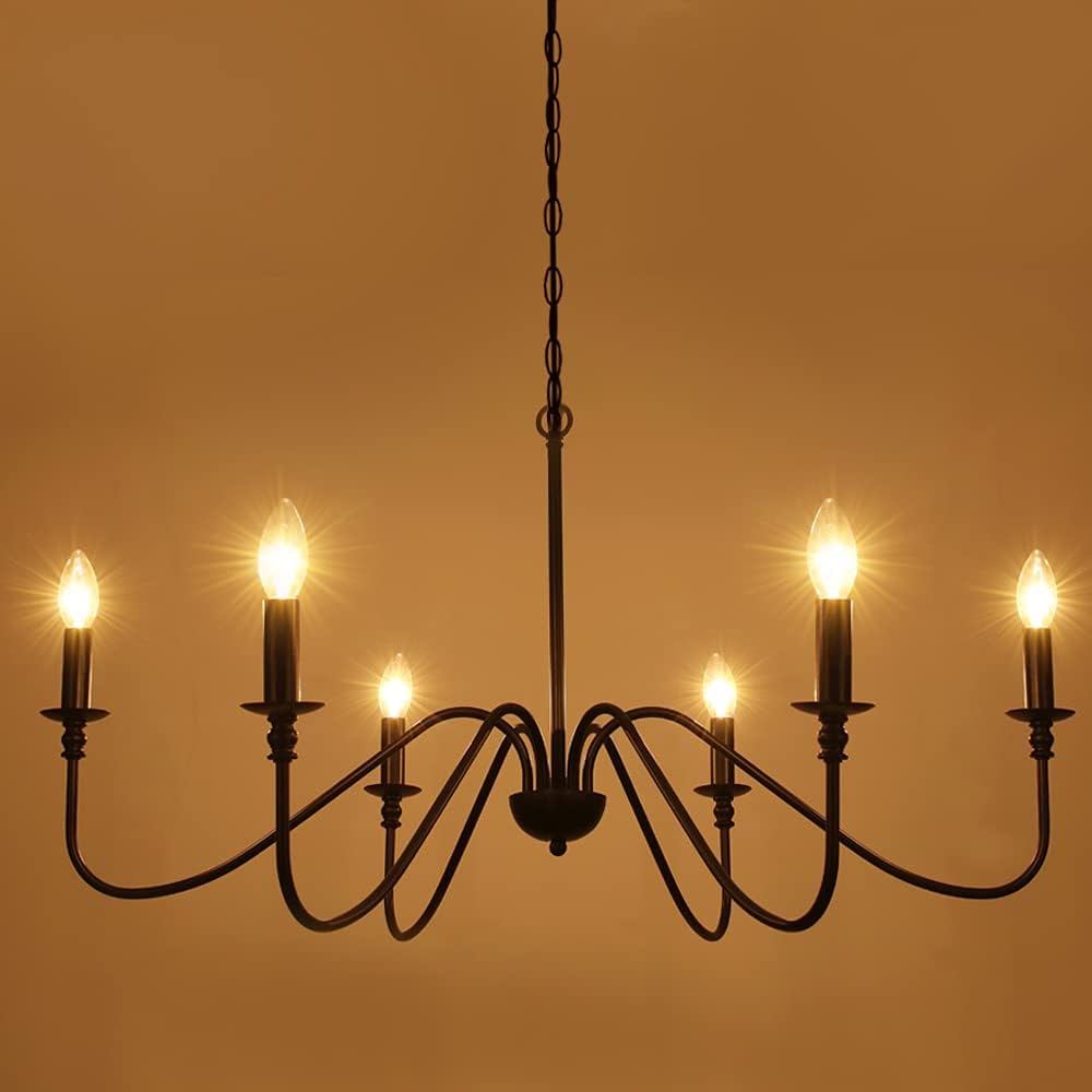 Congratsu Candelabro de 6 luces estilo casa de campo, color negro mate, lámpara colgante clásica para techo, lámpara colgante rústica para comedor,