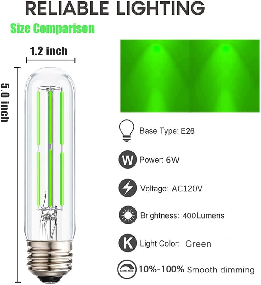 Bombillas LED verdes T10, luces LED verdes E26 que reemplazan hasta 60 W, bombillas tubulares LED de 5 pulgadas, bombillas de colores para porche,