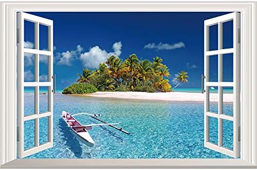 Calcomanías 3D falsas para ventanas, para pared, barco, en el mar, palmera, marco, decoración de ventana, extraíble, autoadhesiva, vinilo,