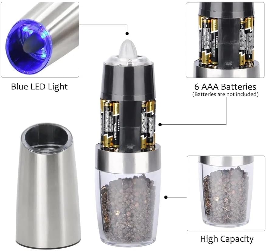 Juego de 2 molinillos eléctricos y automáticos de sal y pimienta de acero inoxidable con luz LED azul. Molinillo activado por gravedad para