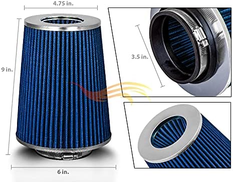 BLUE – Filtro de aire seco de repuesto para camión de entrada de aire frío de 3.5 pulgadas (3.504 in) de rendimiento, lavable, con abrazadera (8