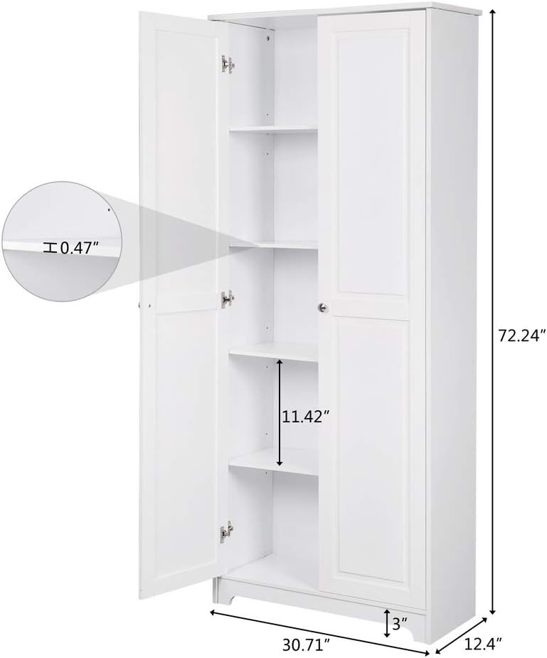 Karl home Armario de almacenamiento blanco con puertas, despensa de cocina con estantes ajustables, armario alto de despensa para lavandería,