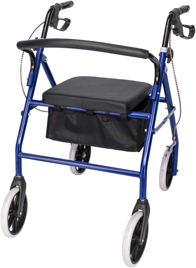 Andador con asiento, andador de acero con ruedas de 8 pulgadas, soporta hasta 286.6 libras, para lesiones, personas mayores y adultos (negro y azul)