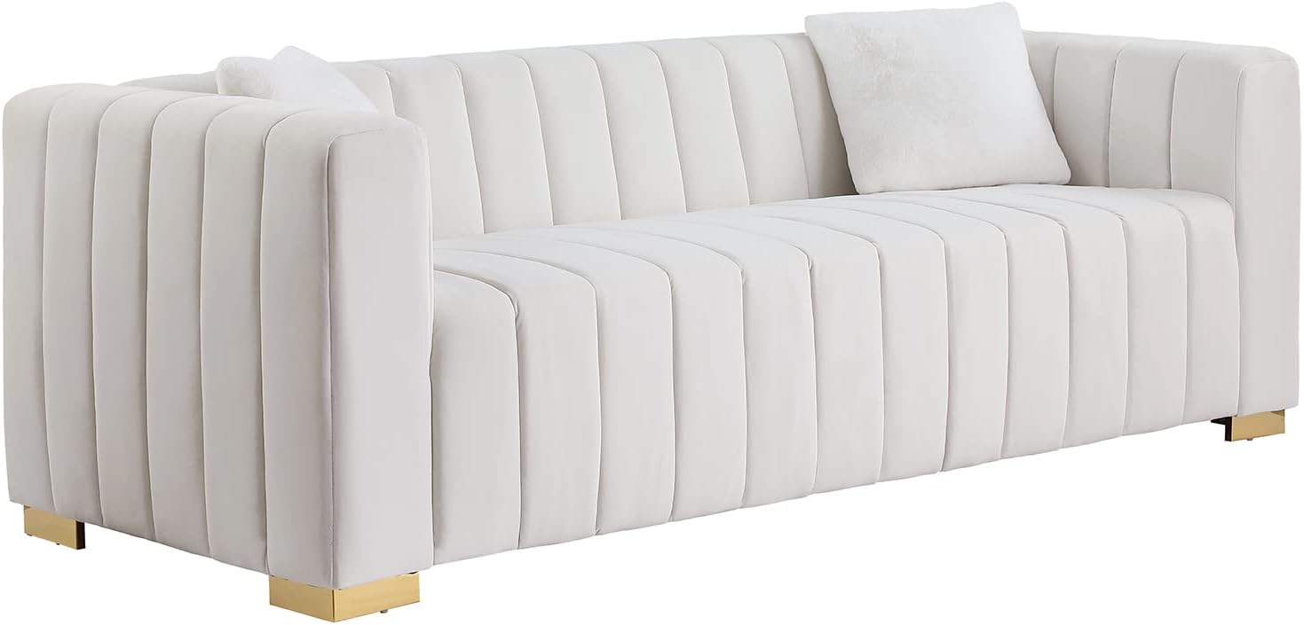 KIVENJAJA Sofá de 3 plazas de terciopelo capitonado con canal con 2 almohadas, brazos cuadrados y patas de metal dorado para sala de estar,