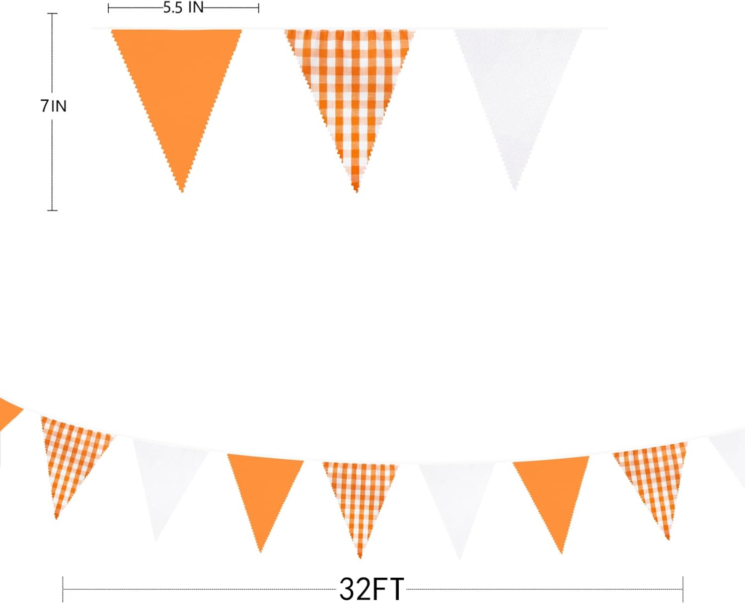 Decoraciones de fiesta naranja de 32 pies con diseño de búfalo naranja a cuadros de triángulo blanco, banderines de tela para otoño, boda,