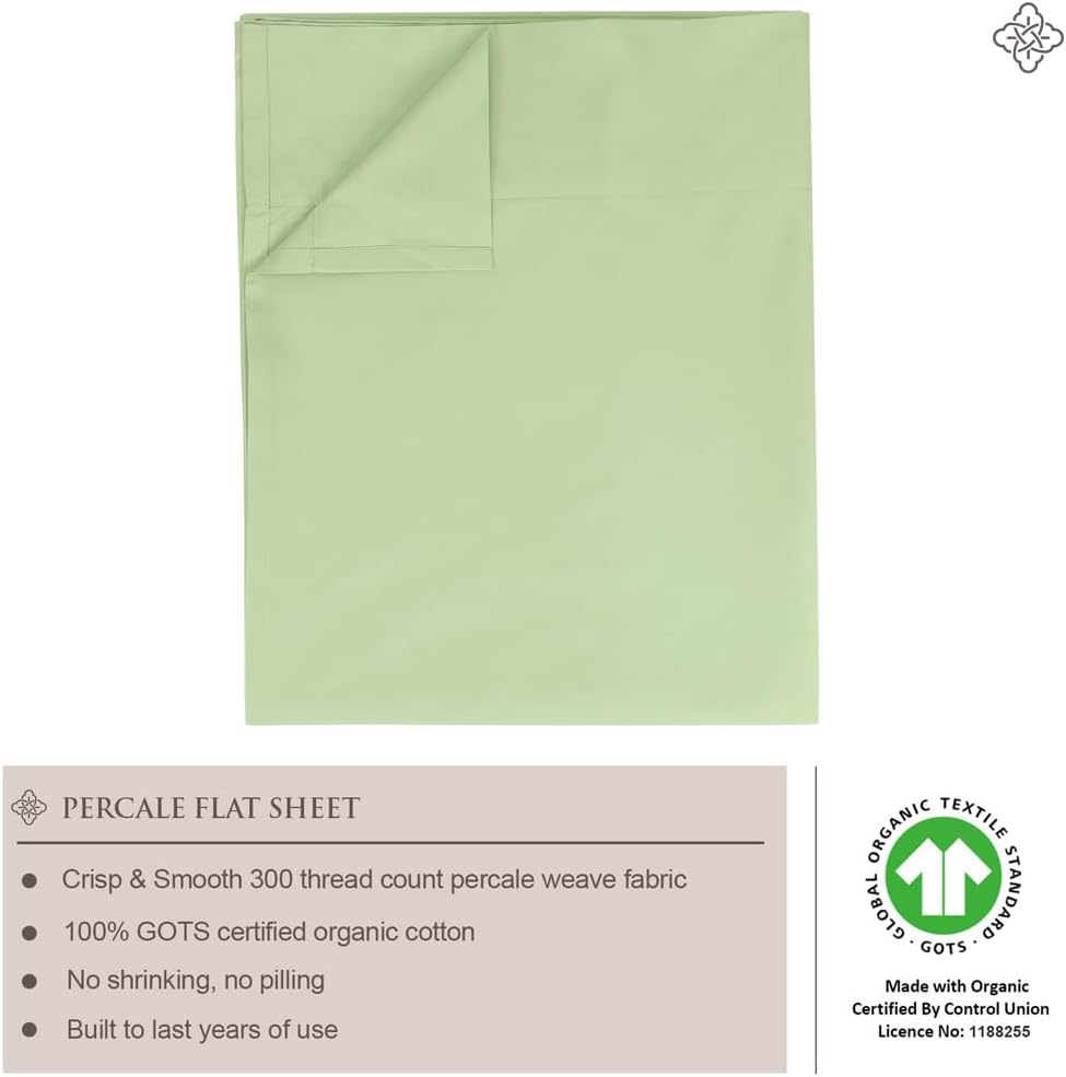Bioweaves 1 sábana encimera 100% algodón orgánico, tejido de percal suave de 300 hilos, certificado GOTS, color verde plántula, tamaño Queen