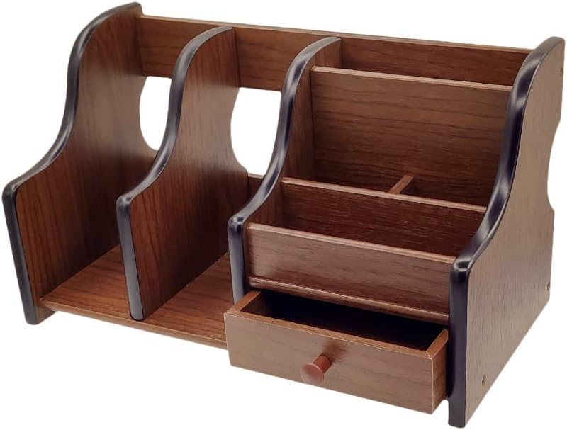 Coideal – Organizador giratorio de madera para guardar controles remoto o artículos de escritorio y oficina, con 4 compartimentos, Marrón