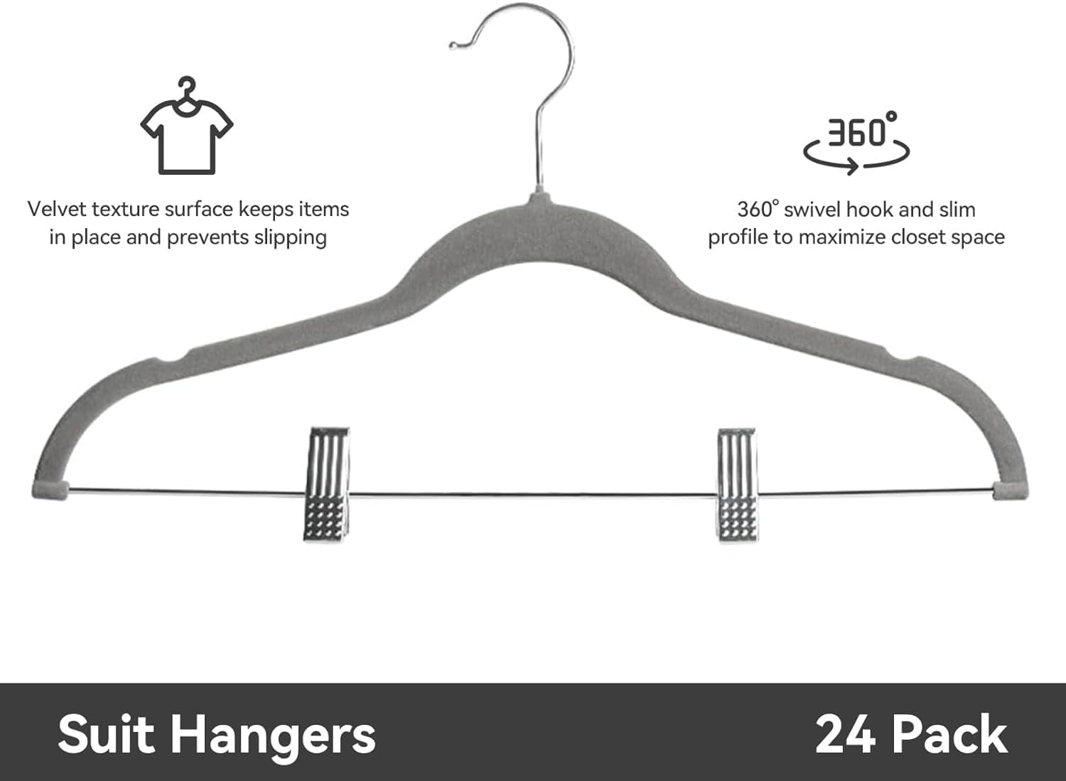 Perchas de terciopelo para pantalones, paquete de 24, perchas antideslizantes para falda y pantalones con clips ajustables, ganchos giratorios de