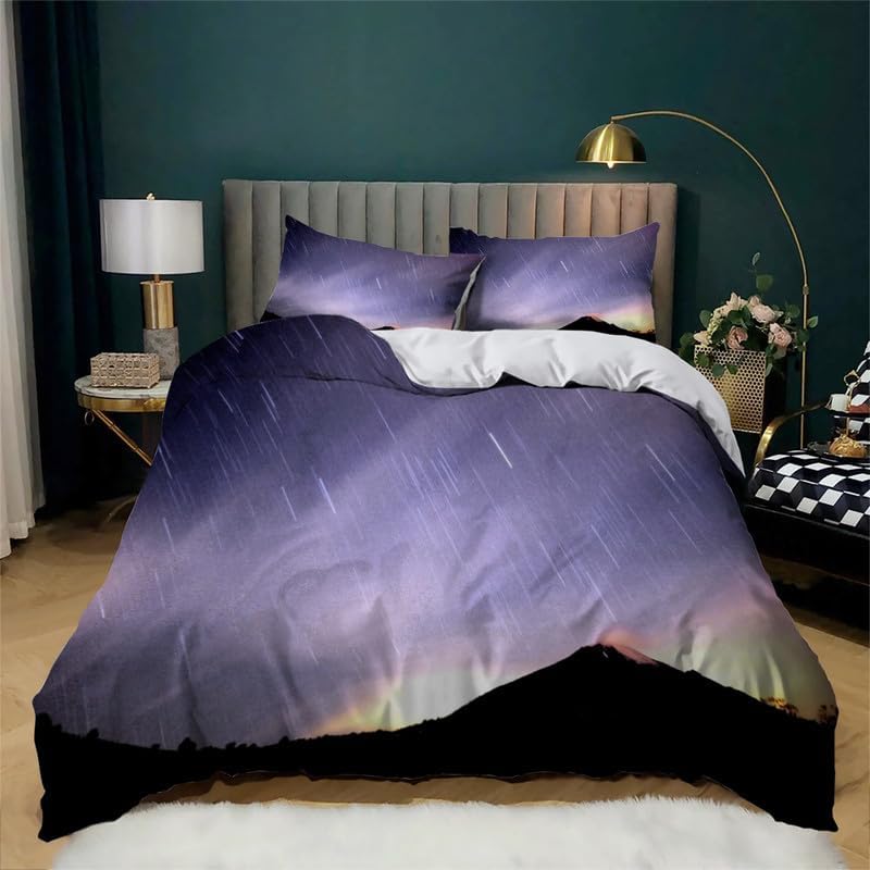 Light Purple Shooting Star Duvet Cover Queen Landscape Print Bedding Sets Queen Soft Microfiber Comforter Cover and 2 Pillow Shams 20″X26″, Bed Set