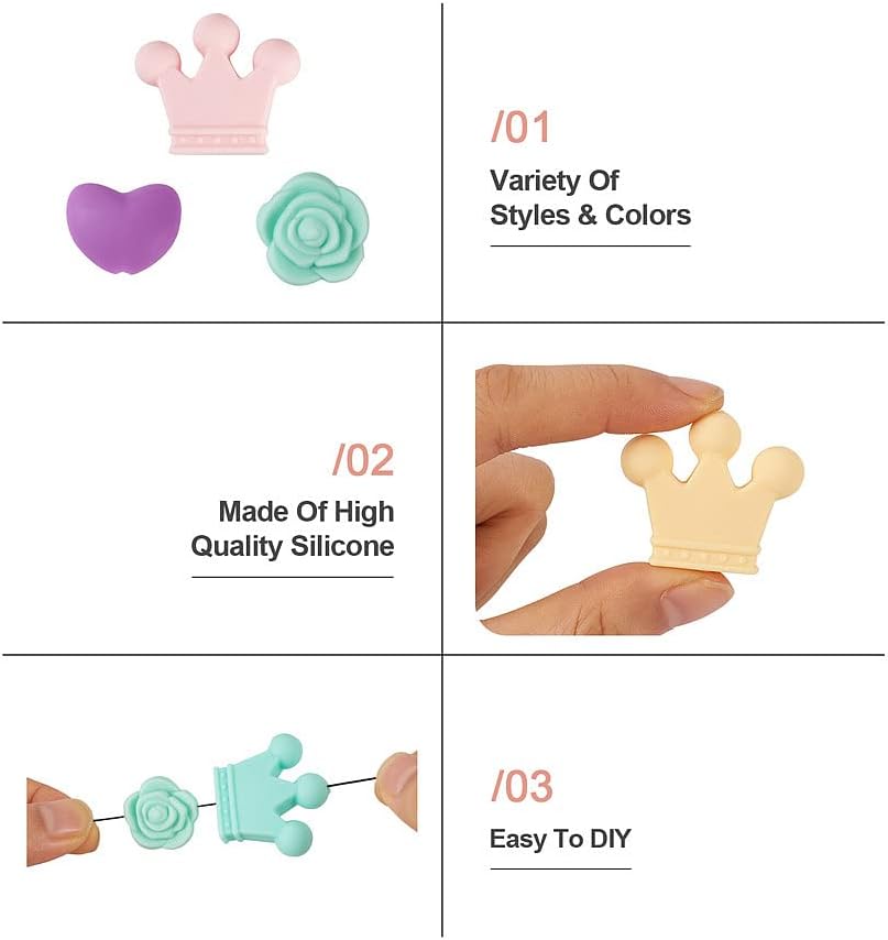 30 cuentas de silicona de corazón, corona, cuentas de goma, flores de silicona, cuentas sueltas de silicona a granel para mujeres, pulseras,