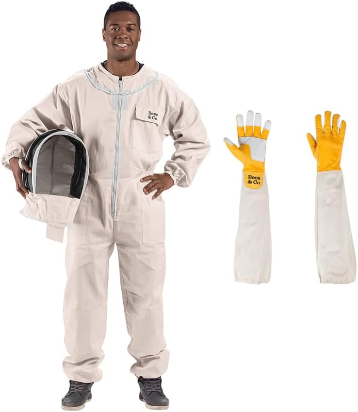 Bees & Co Traje de apicultor de algodón natural con velo de esgrima y guantes de piel de cabra (grande)