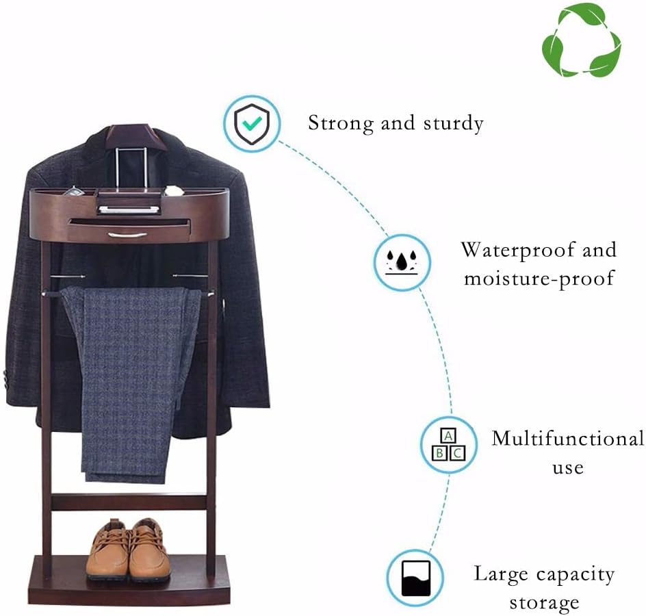 Soporte de valet de madera para trajes, soporte de valet de madera, perchero de pie para ropa de pie con colgador de ropa y riel para pantalones