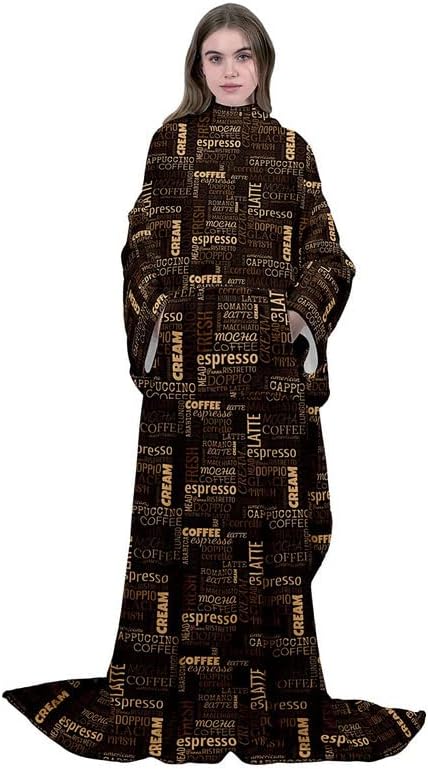 Manta de forro polar con mangas para adultos, niños, mujeres y hombres, manta de felpa retro con palabras de café, manta elegante súper suave y