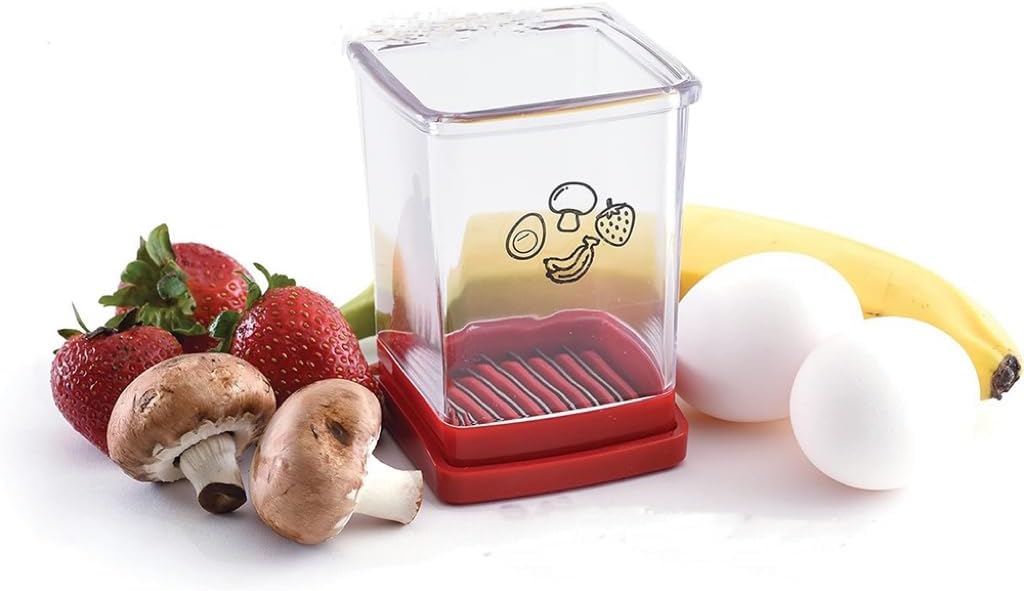 Cortador de frutas y verduras con placa de empuje, cortador de huevos, acero inoxidable, plátano, fresa, herramienta portátil para cortar verduras,