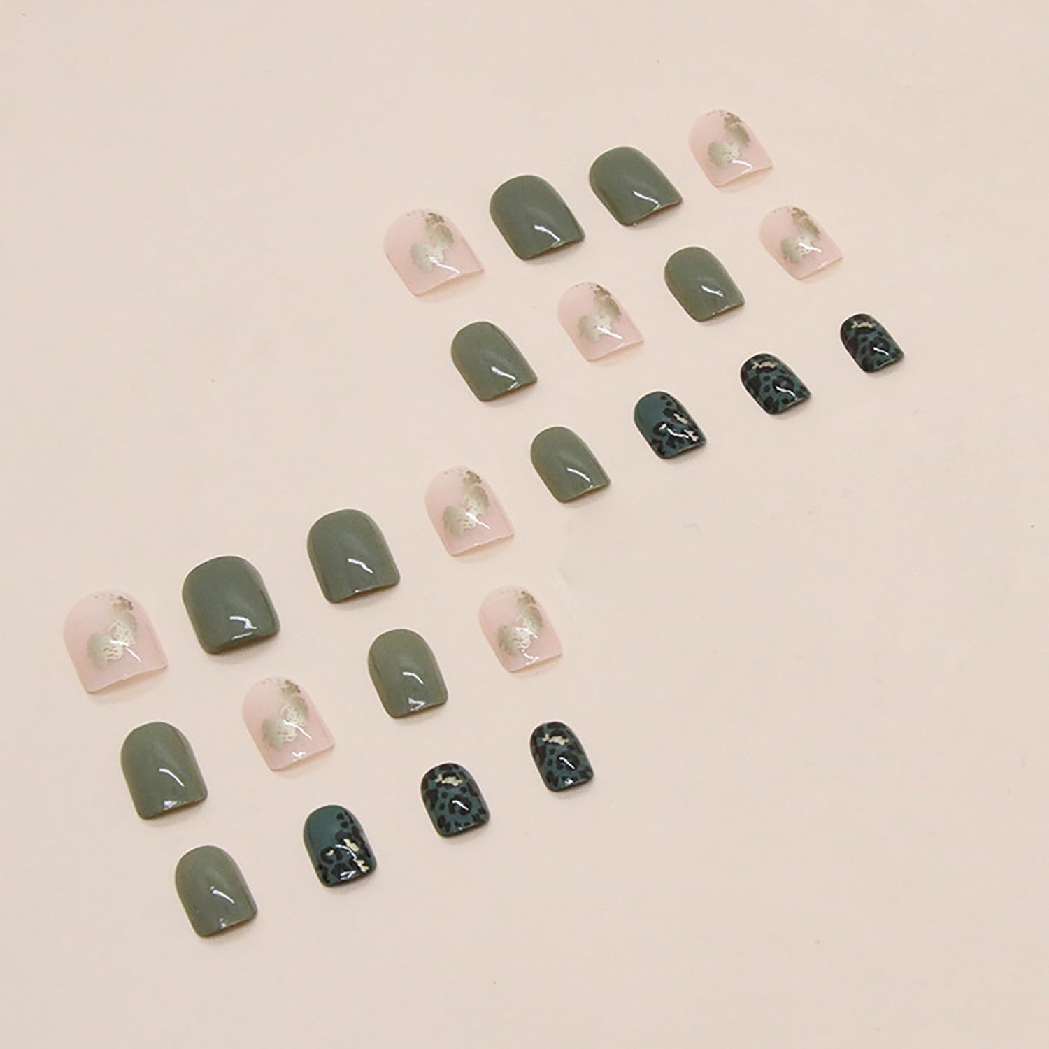 Uñas postizas cortas a presión cuadradas con diseño de lámina dorada, uñas postizas de leopardo verde, uñas acrílicas de cobertura completa, uñas