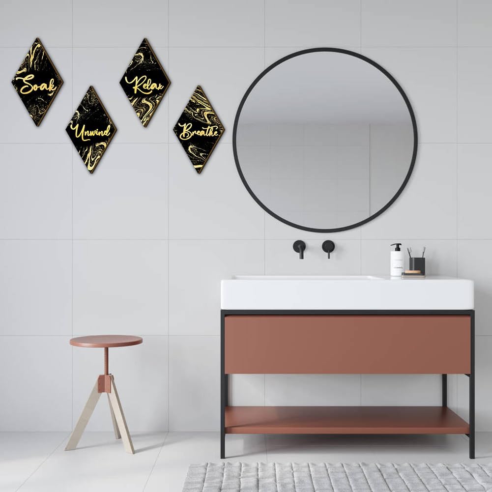 4 piezas de decoración de pared de baño, letreros de madera con forma de diamante, remojar, relajarse, respirar, estilo mármol, decoración artística