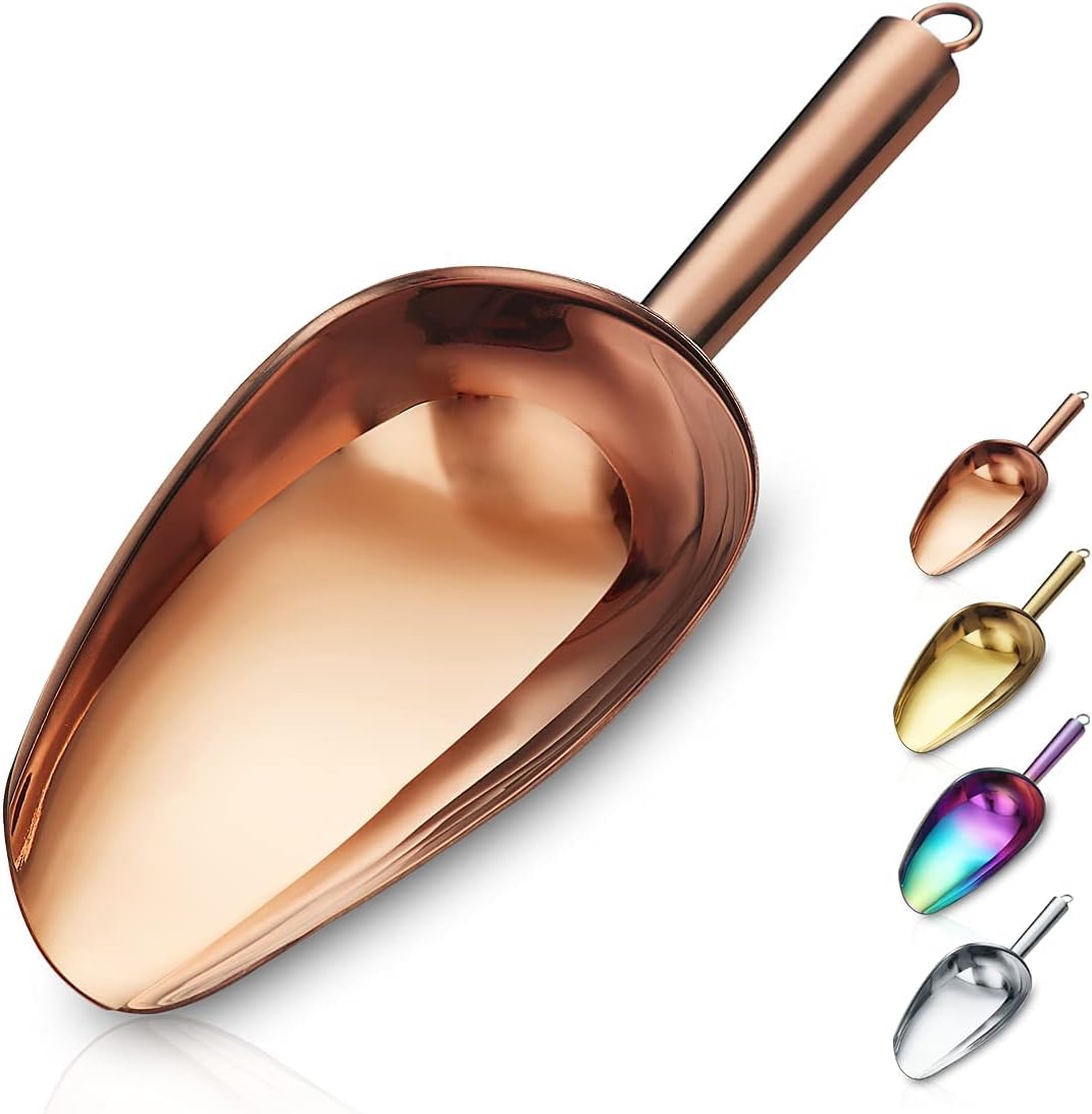 Berglander Cuchara de hielo de acero inoxidable oro rosa de 6 onzas, cuchara de hielo de metal chapado en cobre de titanio para máquina de hielo,