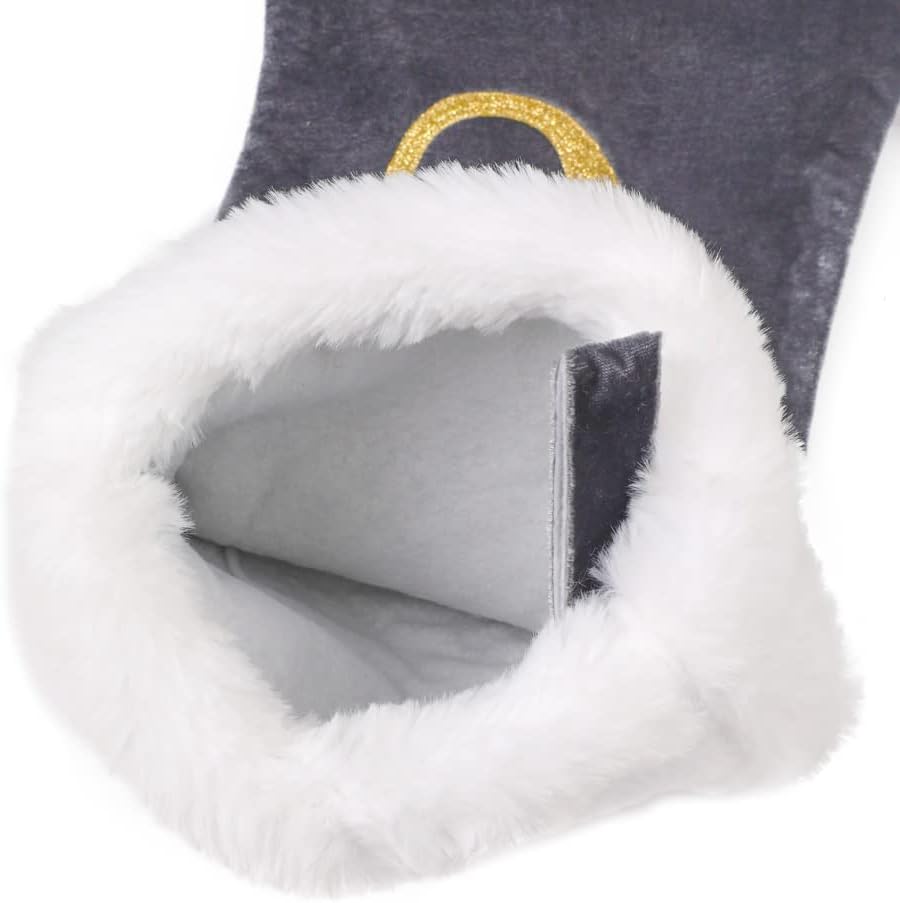 Calcetines de Navidad con iniciales de 20 pulgadas, terciopelo rojo y gris con puños de felpa súper suaves, monograma bordado, calcetín de Navidad