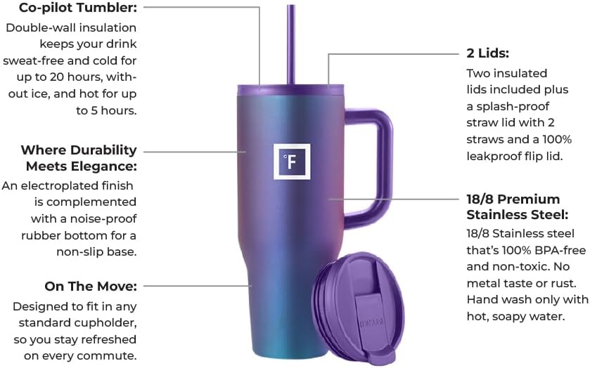 IRON FLASK Co-Pilot – Vaso aislado con popote y tapas abatibles, botella portavasos, para bebidas calientes y frías, a prueba de fugas, agua, taza