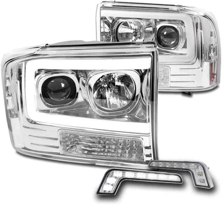 ZMAUTOPARTS Faros delanteros de proyector LED cromados con DRL blanco de 6.25 pulgadas, compatible con Ford F250 F350 F450 Super Duty 1999-2004