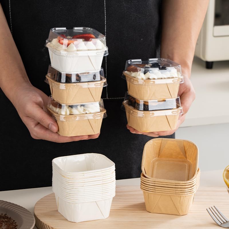 50 Pcs mini Square Baking Cups with Lids,Aluminum Foil Brownie Baking Cups,Disposable Ramekins Cake Pans,Dessert Cups Cupcake Pans for Wedding
