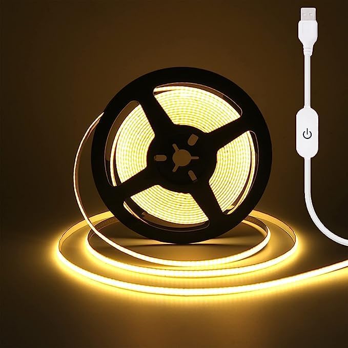 HEGEHE Tira de luces LED COB regulables, 1m3.28ft DC5V 320LEDsm, no impermeable, flexible, cinta de luz blanca cálida con atenuación táctil USB para