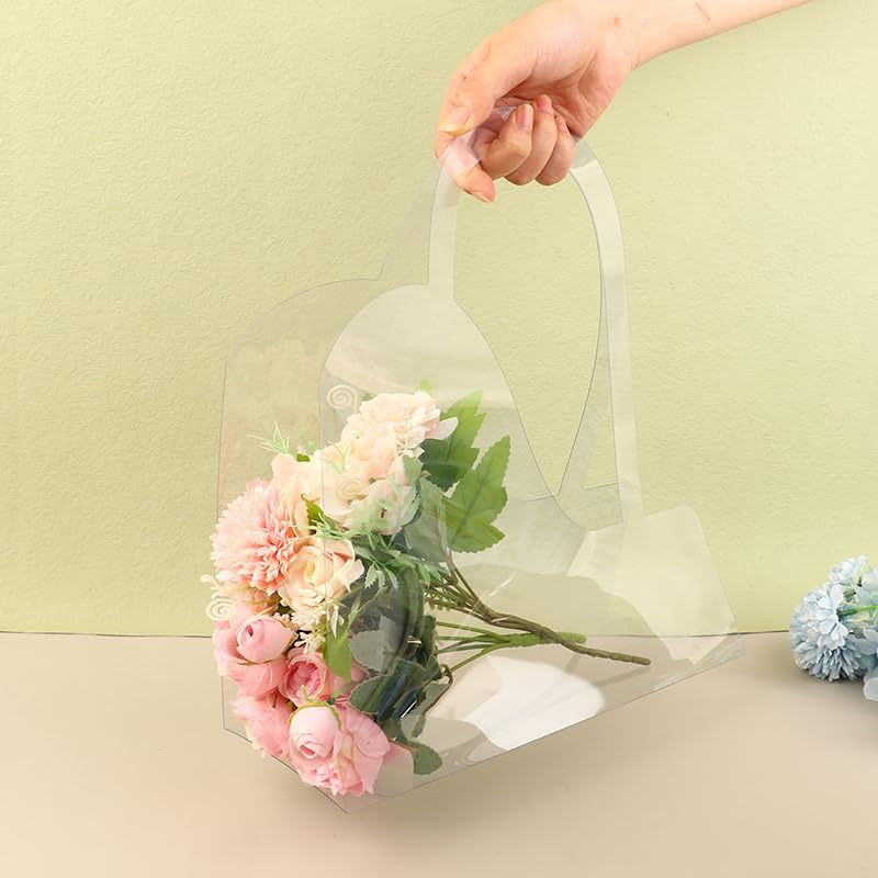 YAMSLAM Caja de flores transparente con asa Bolsas de embalaje de flores portátiles regalo Contatiner bolso de boda rosa envoltura caja de regalo de