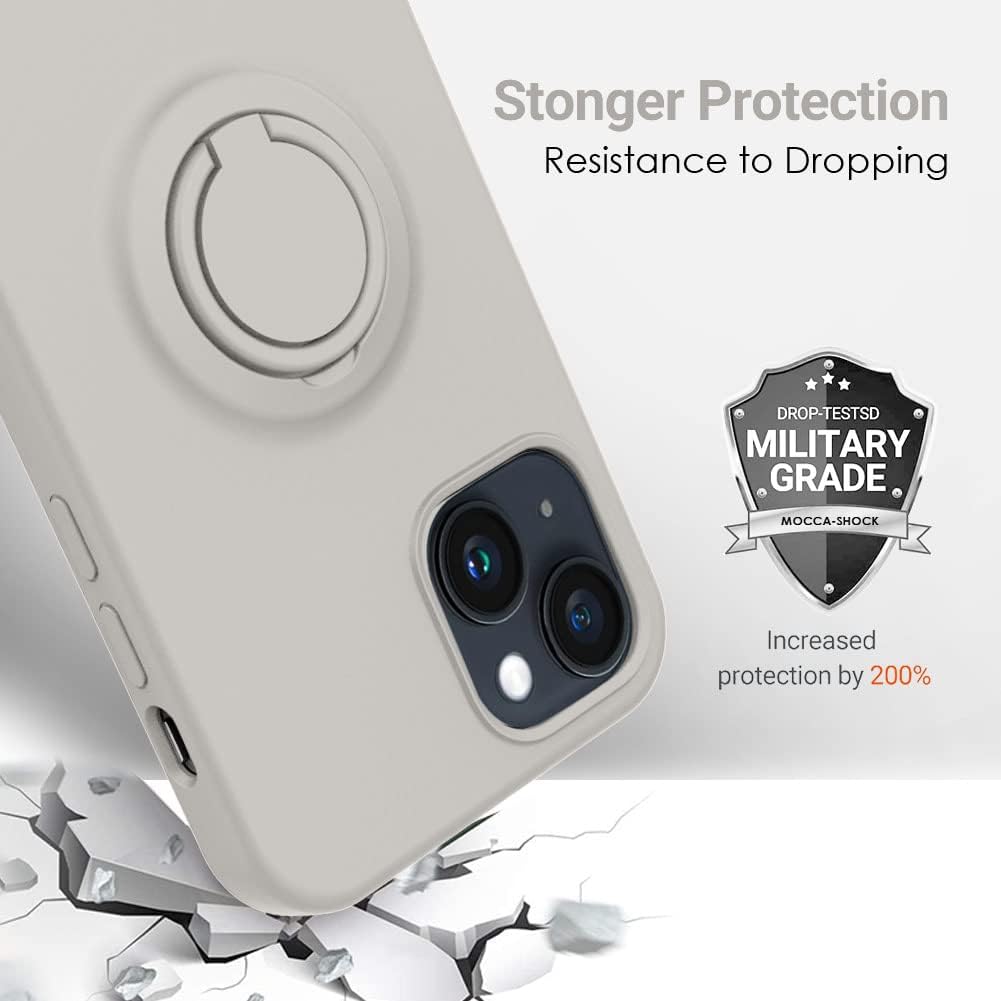 MOCCA Funda compatible con iPhone 14 Plus con soporte de anillo, silicona líquida, forro de microfibra, funda protectora antiarañazos de cuerpo