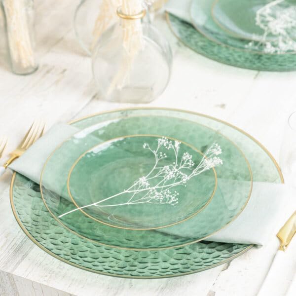 Blue Sky Platos redondos de plástico verde martillado orgánico con borde dorado, 10 pulgadas (10 unidades)  Elegante vajilla desechable para fiestas