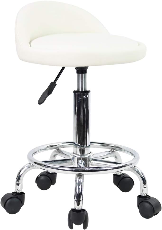 KKTONER Taburete rodante redondo de cuero sintético con reposapiés, altura ajustable, giratoria, trabajo, SPA, silla de tareas con ruedas (blanco)