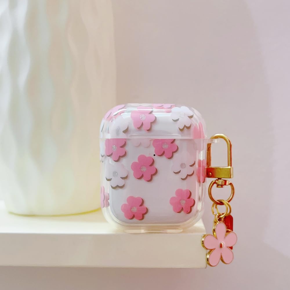 Faneiy Funda protectora para AirPods de 3 generación con llavero, bonita funda protectora para auriculares con diseño floral de flores rosadas, TPU