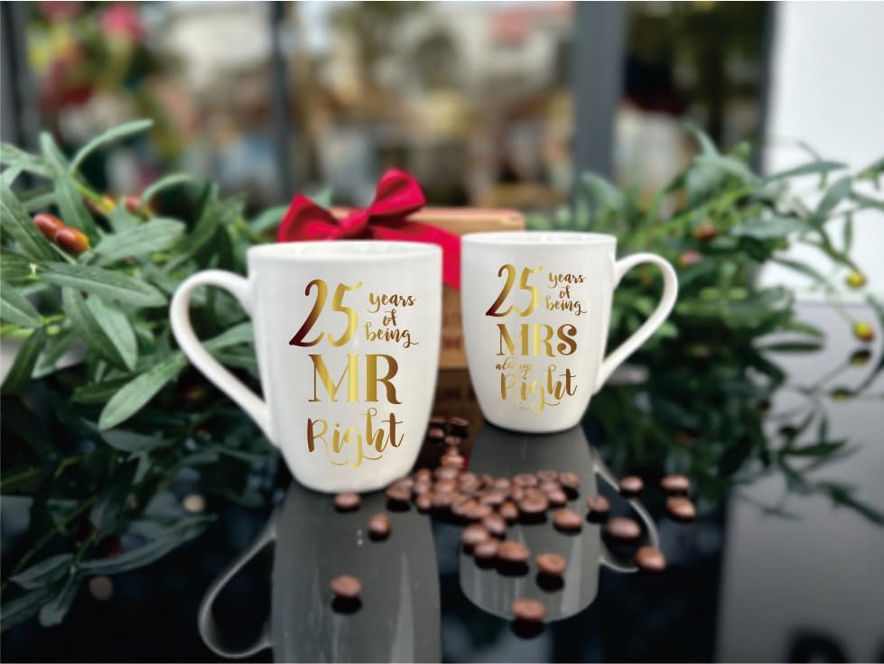 MNEDLAD Juego de 2 tazas de 25 años de aniversario de boda, 25 años de ser el señor y la señora siempre derecha, regalos de boda, tazas de café,