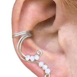 Fantasy-Inspired Fairy Ear Cuff Silver Earring for Non Pierced Elven Fake Cartilage Piercing with Cream White Beads Fantasy-Inspired Fairy Ear Cuff Silver Earring for Non Pierced Elven Fake Cartilage Piercing with Cream White Beads